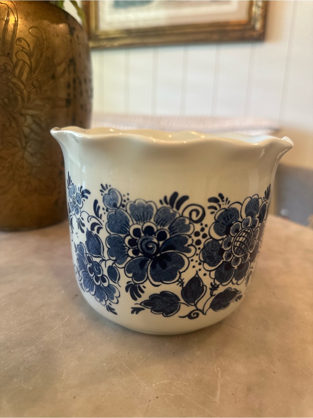White Ceramic Floral Planter with Blue Blossom Motif